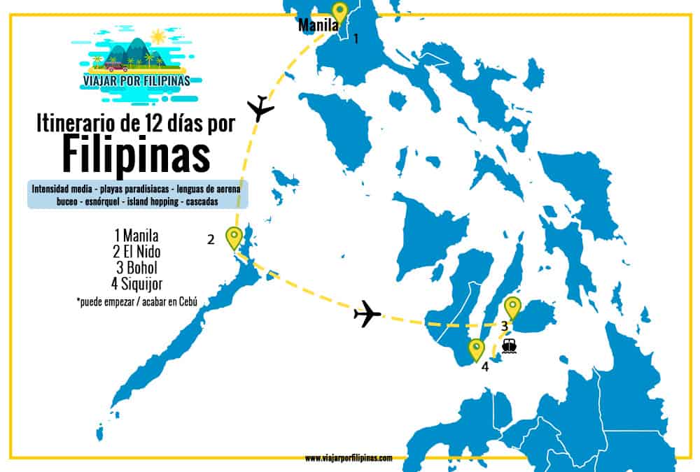 Mapa del itinerario de 12 días por Filipinas