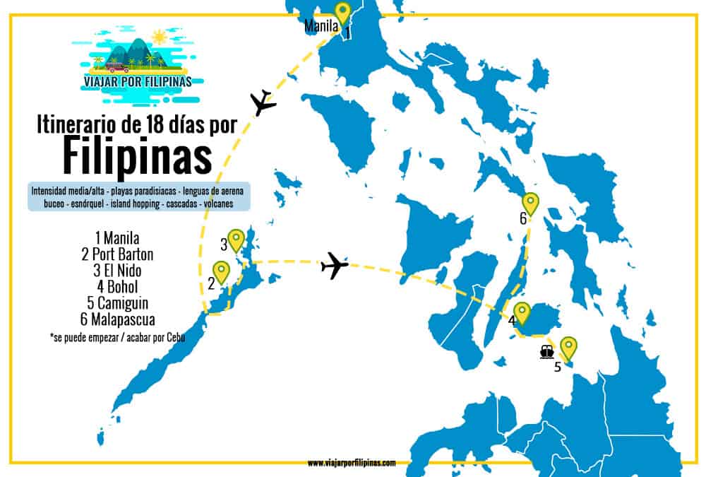 mapa del itinerario de 18 días de viaje a Filipinas