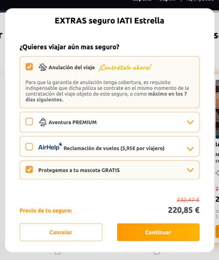 Coberturas extra como anulación, deportes de aventura, mascotas...